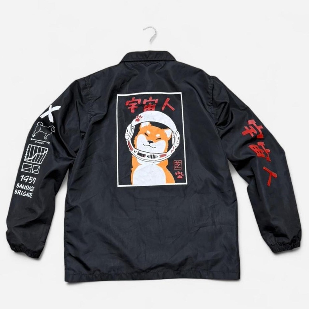 Bandage Brigade "Space Cat" jacket in black featuring a graphic of a Shiba Inu.